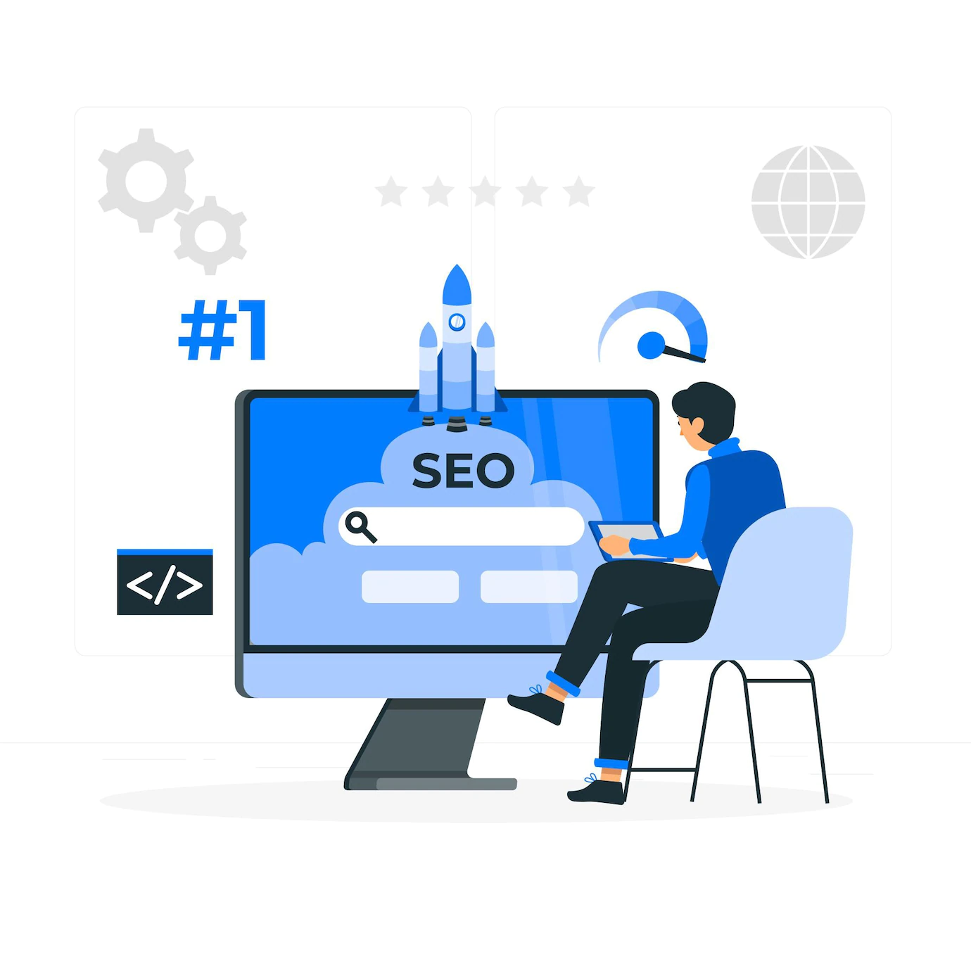 Illustration einer Person, die vor einem großen Bildschirm sitzt, auf dem eine Suchmaschine zu sehen ist. Das Bild beschreibt, dass durch eine Optimierung einer Webseite für die Suchmaschine das Ranking in der Suchmaschine steigt.